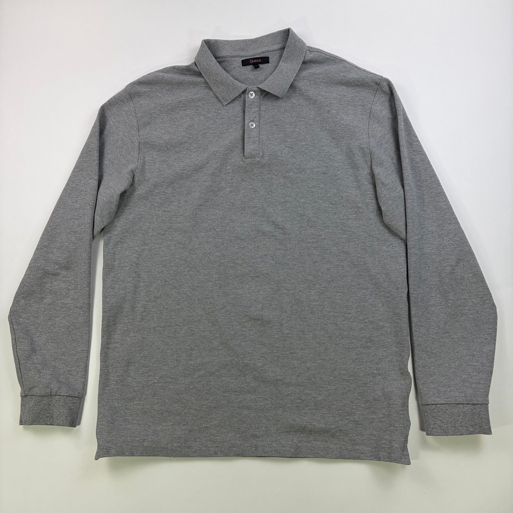 Quince Organic Cotton Long Sleeve Pique Polo Mens Large Heather Grey Classic Fit